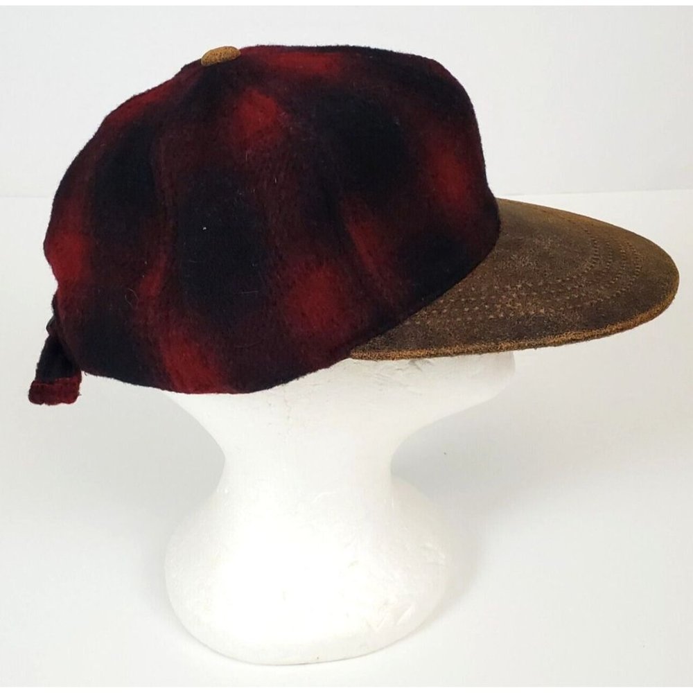NOS Vintage Wool, Leather Visor & Button Hunting Strapback Hat Red Black Plaid